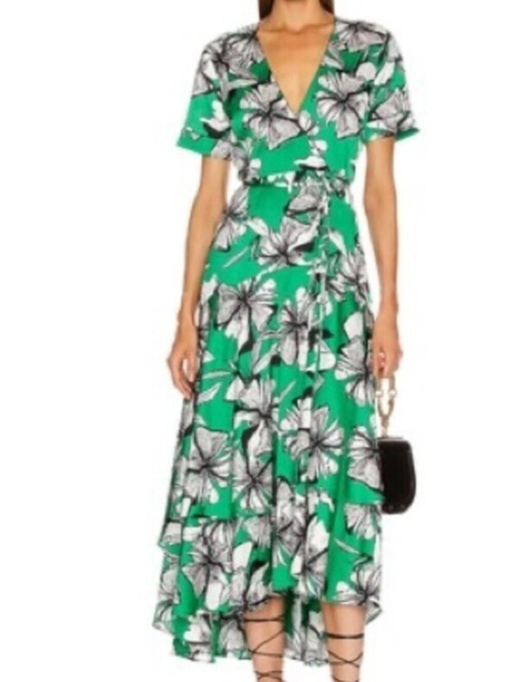 ALEXIS Deanna green floral short sleeve wrap dress sz XS